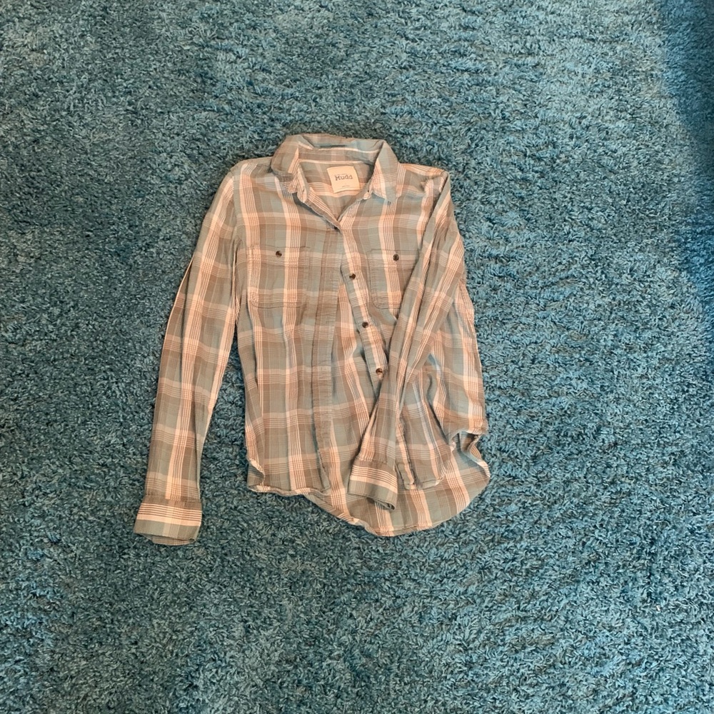 Sage green, cream, olive plaid button up.